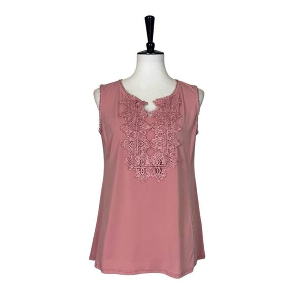 Roz & Ali Dressbarn Top Lace Split Neck Sleeveless Mauve Pink Women’s Size M - Picture 12 of 12
